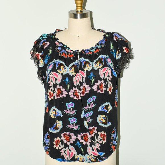 Dark Lacy Floral Paisley Printed Silk Lace Ruffle Sleeve Blouse - Picture 7 of 10